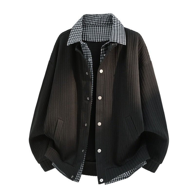 Men's casual knitted overshirt jacket with plaid shirt collar and snap button placket Mune Fashion