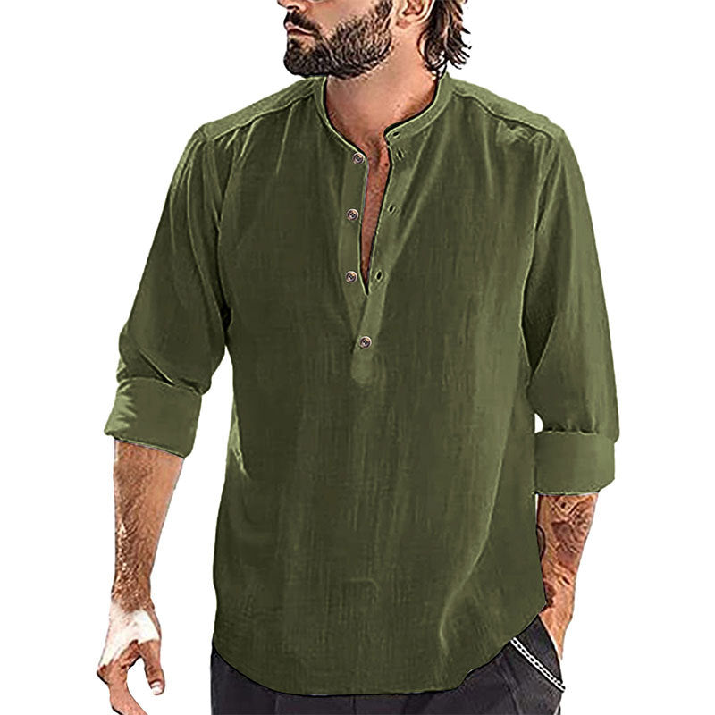 Men's relaxed long sleeve Henley shirt made of breathable linen blend with stand-up collar Mune Fashion
