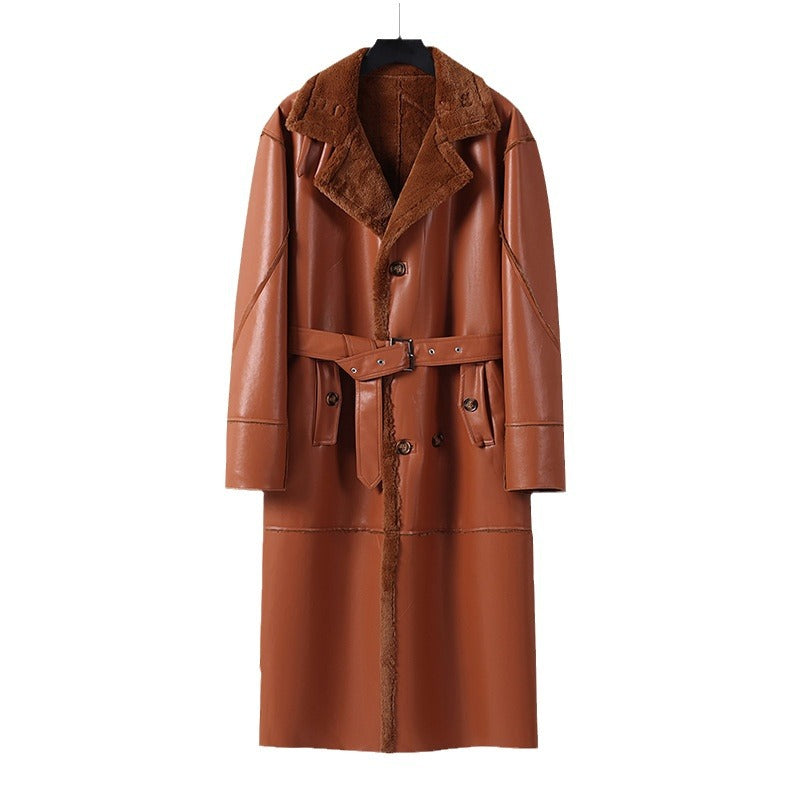 Men's Maxi Long Faux Leather Coat with Teddy Lining and Waist Belt Mune Fashion
