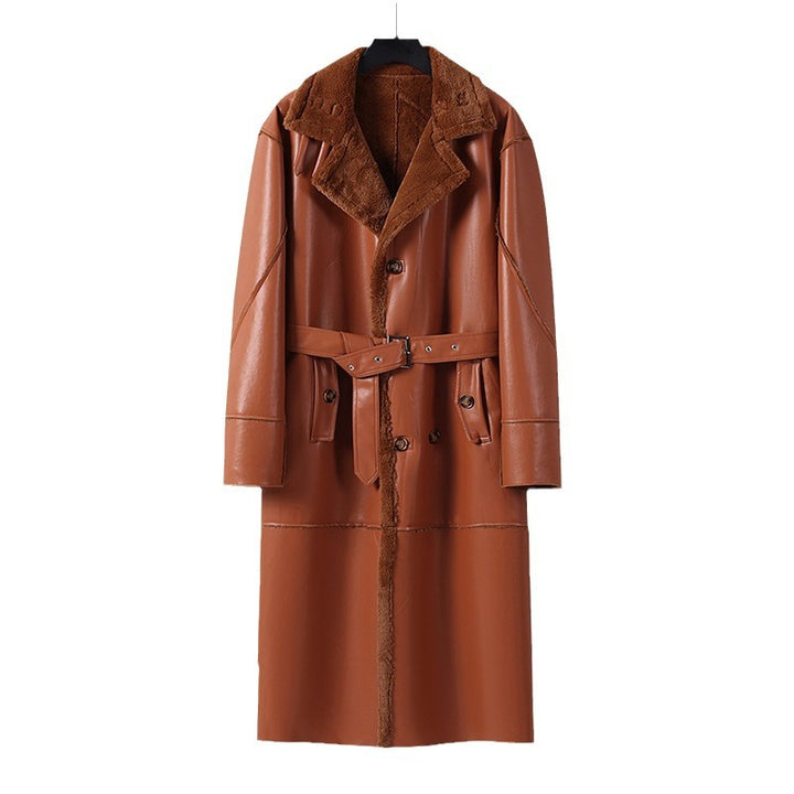 Men's Maxi Long Faux Leather Coat with Teddy Lining and Waist Belt Mune Fashion