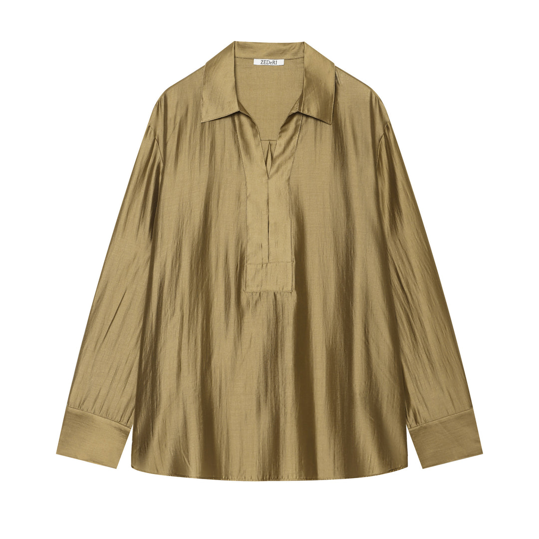 Women's Oversized Satin Blouse with Shirt Collar, Concealed Button Placket and Cuffs Mune Fashion