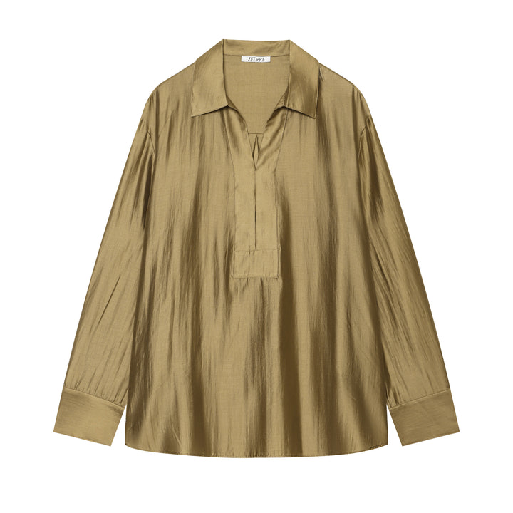 Women's Oversized Satin Blouse with Shirt Collar, Concealed Button Placket and Cuffs Mune Fashion