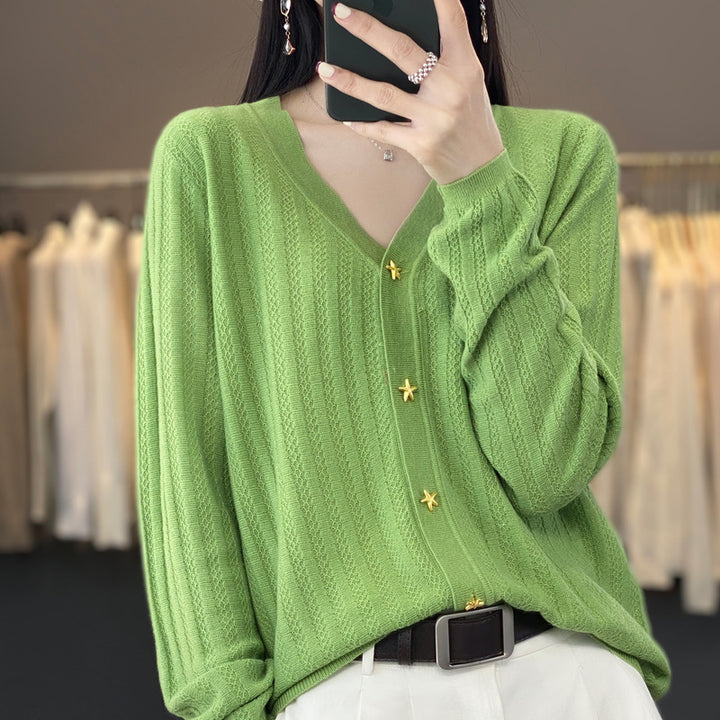 Women Lightweight V-Neck Cardigan with Textured Vertical Stripes and Star Buttons Mune Fashion