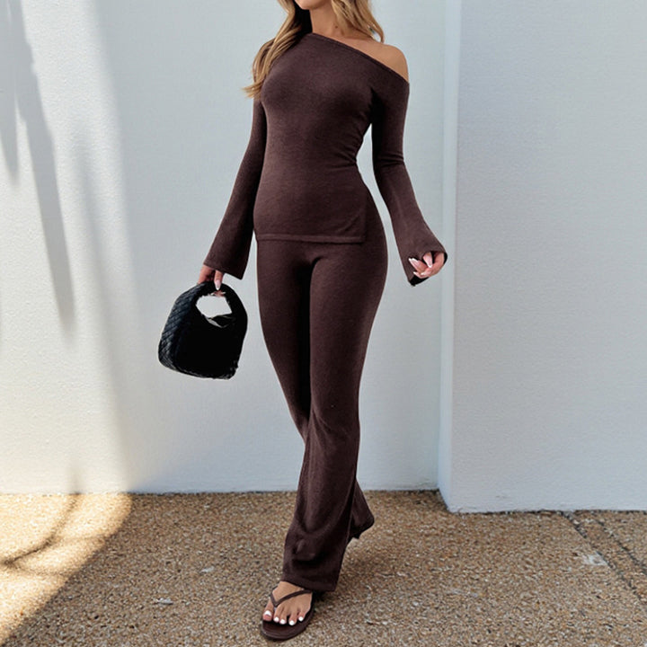 Women’s Off-Shoulder Fine Knit Two-Piece with Asymmetric Top and Flared Trousers Mune Fashion
