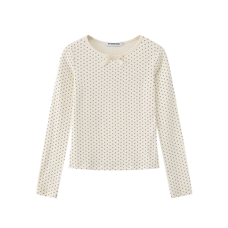 Women's long sleeve shirt made of soft cotton jersey with polka dot pattern and decorative knot on top