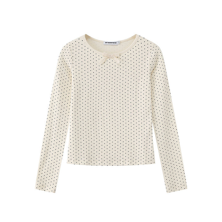 Women's long sleeve shirt made of soft cotton jersey with polka dot pattern and decorative knot on top