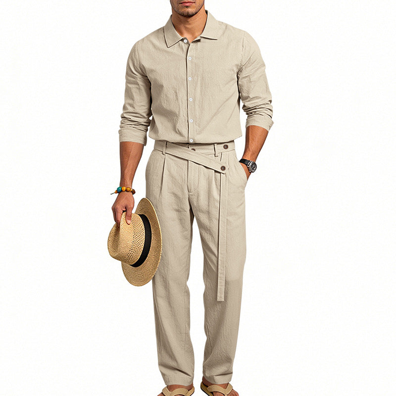 Men's elegant linen two-piece set with shirt and high-waisted pants with tie belt Mune Fashion