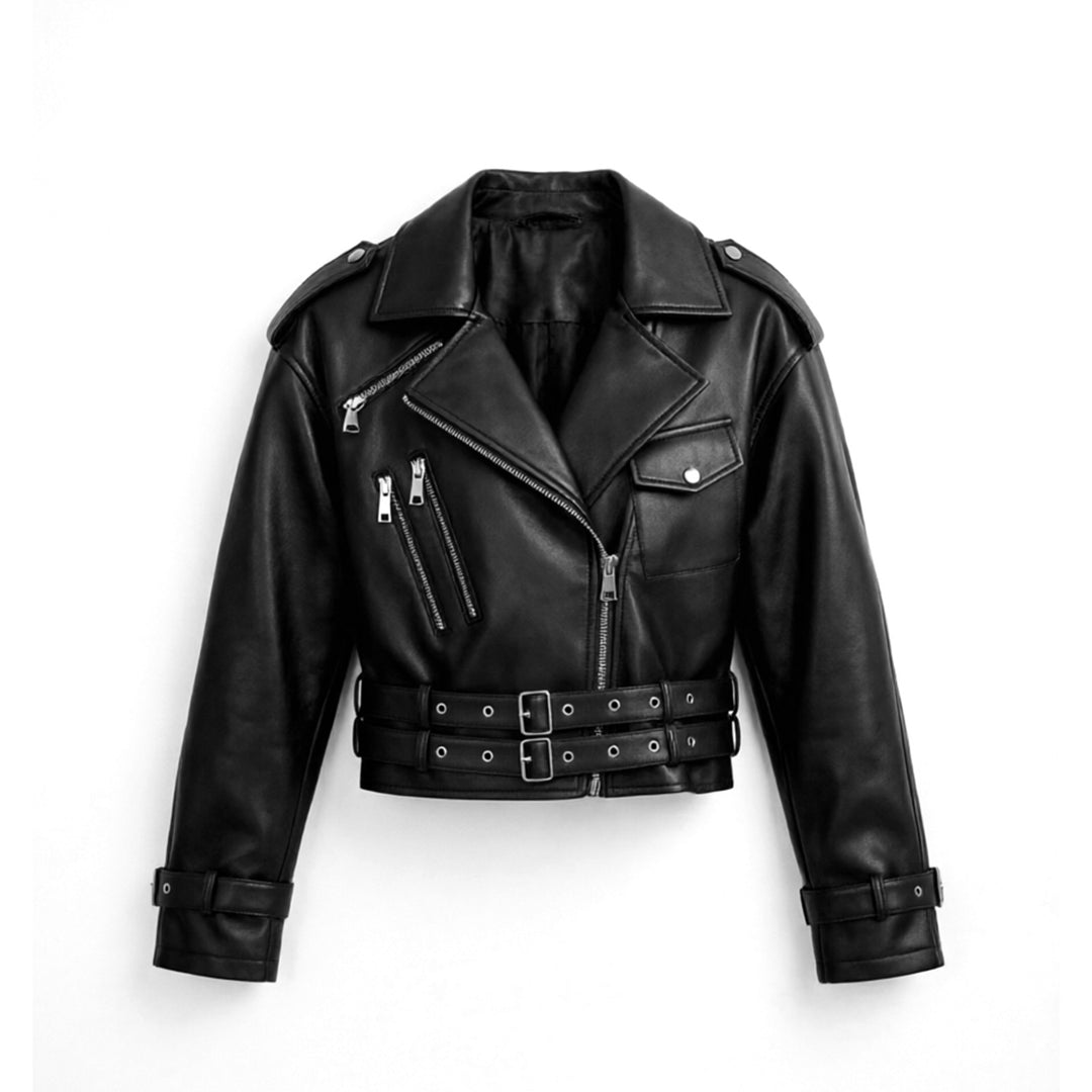 Ladies short fitted biker jacket made of faux leather with double waist belt, epaulettes and zipper details Mune Fashion