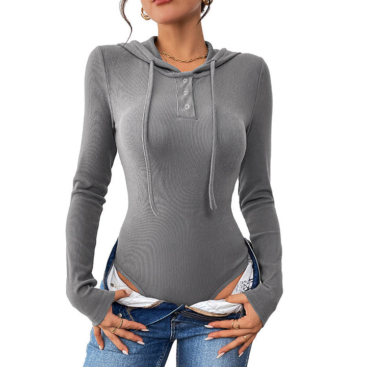 Women’s hooded bodysuit made of ribbed knit with Henley button placket and tailored silhouette Mune Fashion