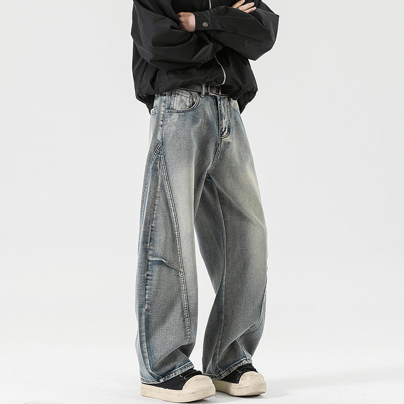 Men's Wide Stonewashed Panel Denim Pants with Drop Crotch and Distinctive Decorative Stitching Mune Fashion