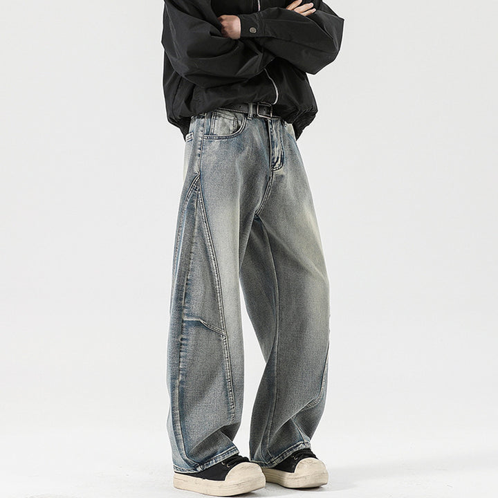 Men's Wide Stonewashed Panel Denim Pants with Drop Crotch and Distinctive Decorative Stitching Mune Fashion