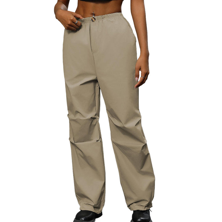 Women's loosely cut utility pants with high elastic waistband, drawstring hem & concealed button placket Mune Fashion