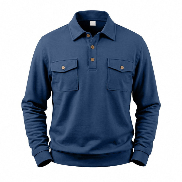 Men's Long Sleeve Polo Shirt with Button Placket and Patch Pockets Mune Fashion