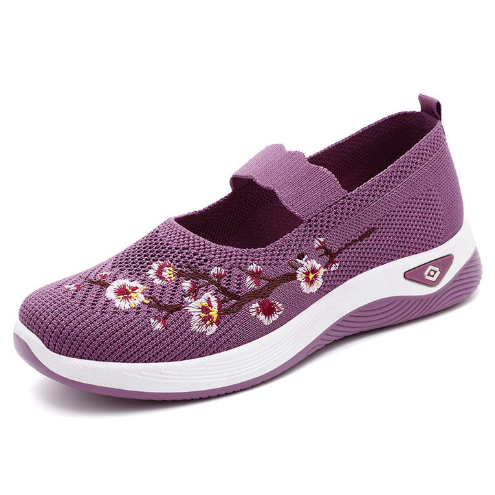 Ladies embroidered comfort ballerina with elastic Mary Jane strap, breathable knit upper and shock-absorbing EVA wedge sole Mune Fashion