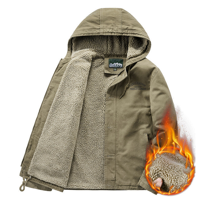 Men's Outdoor Canvas Jacket with Full Sherpa Lining, Hood and Thermal Insulation Mune Fashion