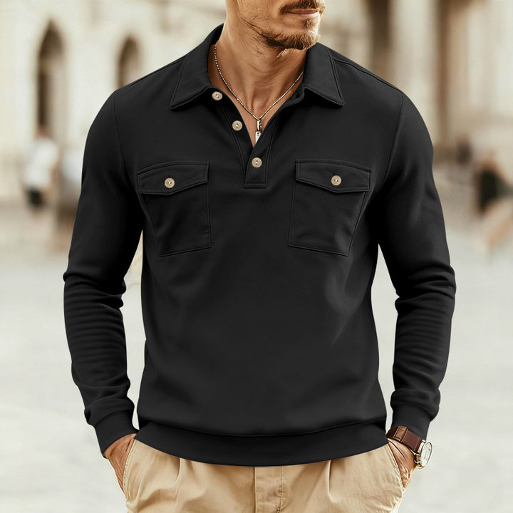 Men's fitted long sleeve polo shirt with shirt collar and applied breast pockets Mune Fashion