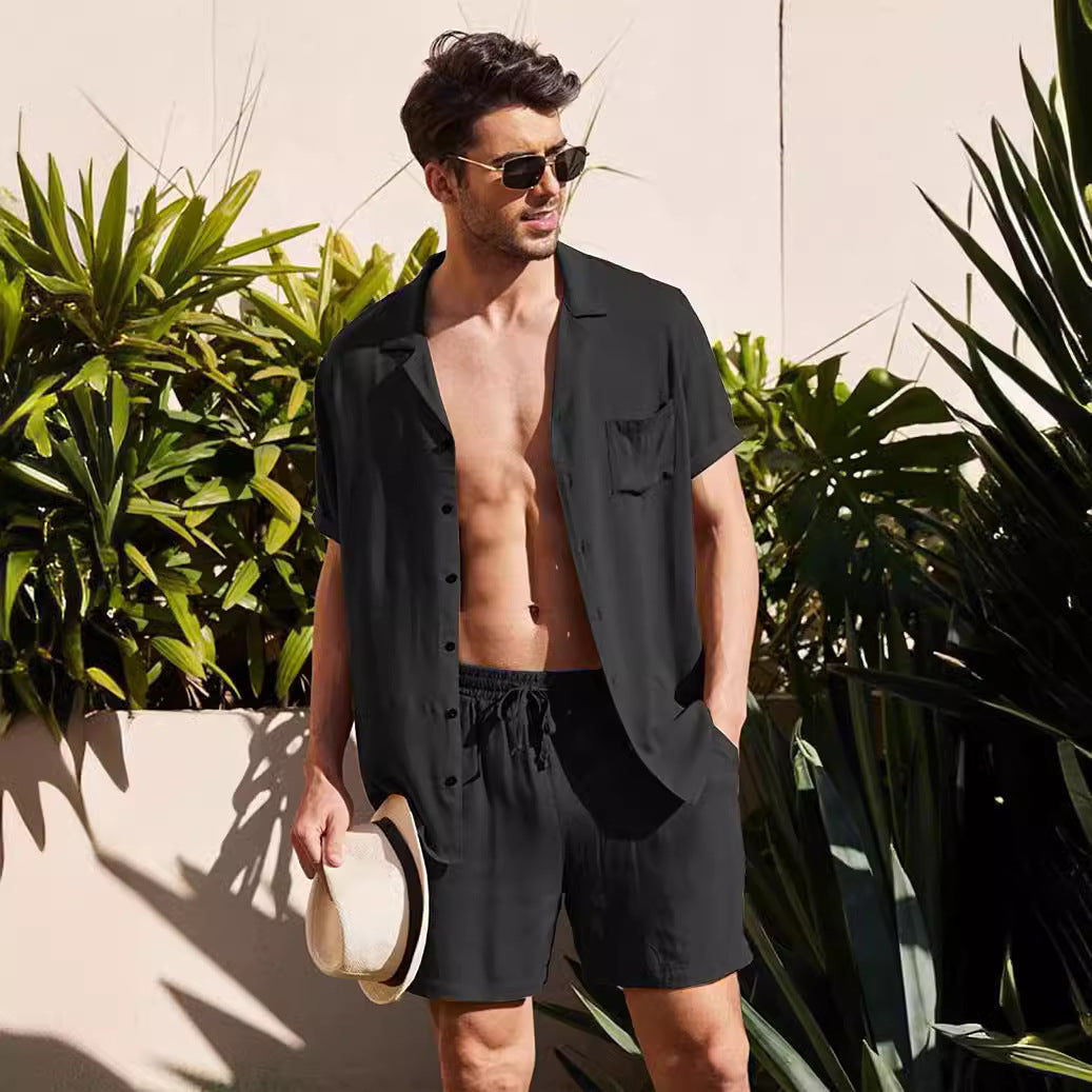 Men's two-piece summer casual ensemble with open collar shirt and elastic shorts Mune Fashion