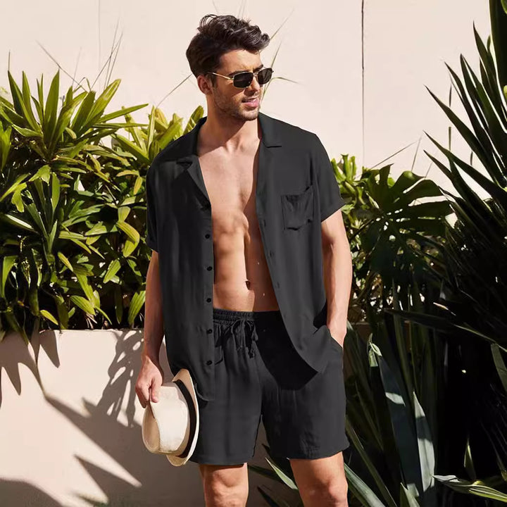 Men's two-piece summer casual ensemble with open collar shirt and elastic shorts Mune Fashion