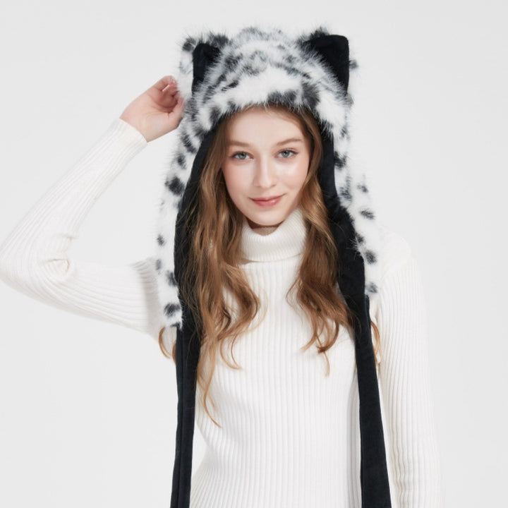 Ladies hooded stole made of luxurious faux fur with long scarf tails and pompom ends Mune Fashion
