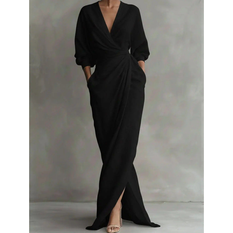Women's Draped Wrap Maxi Dress with Deep V-Neck, Waist Twist and Side Pockets Drune