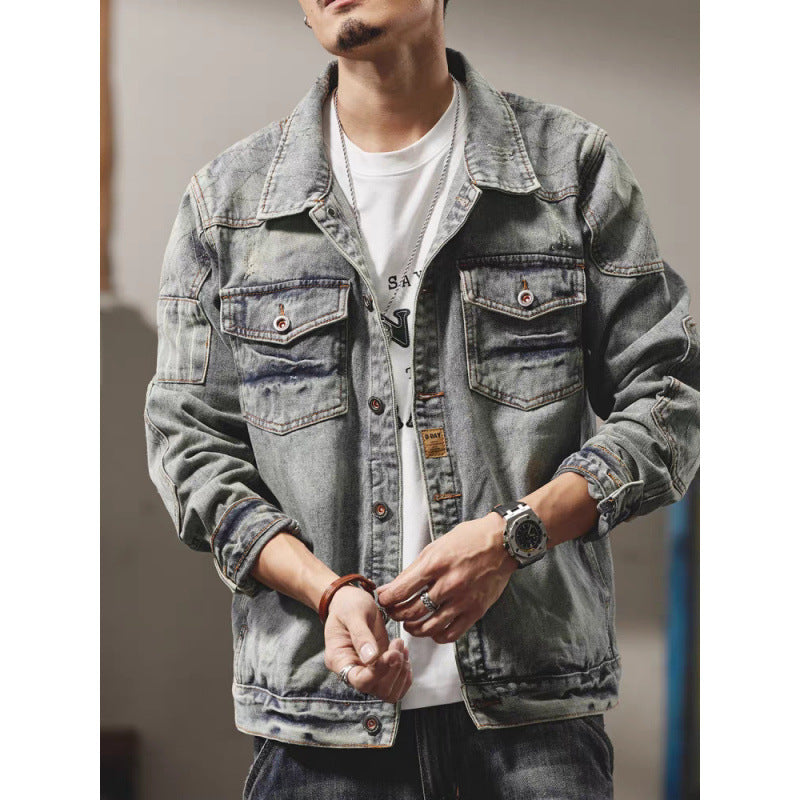 Men's denim jacket in a used look with shirt collar, flap chest pockets, and relaxed fit Mune Fashion