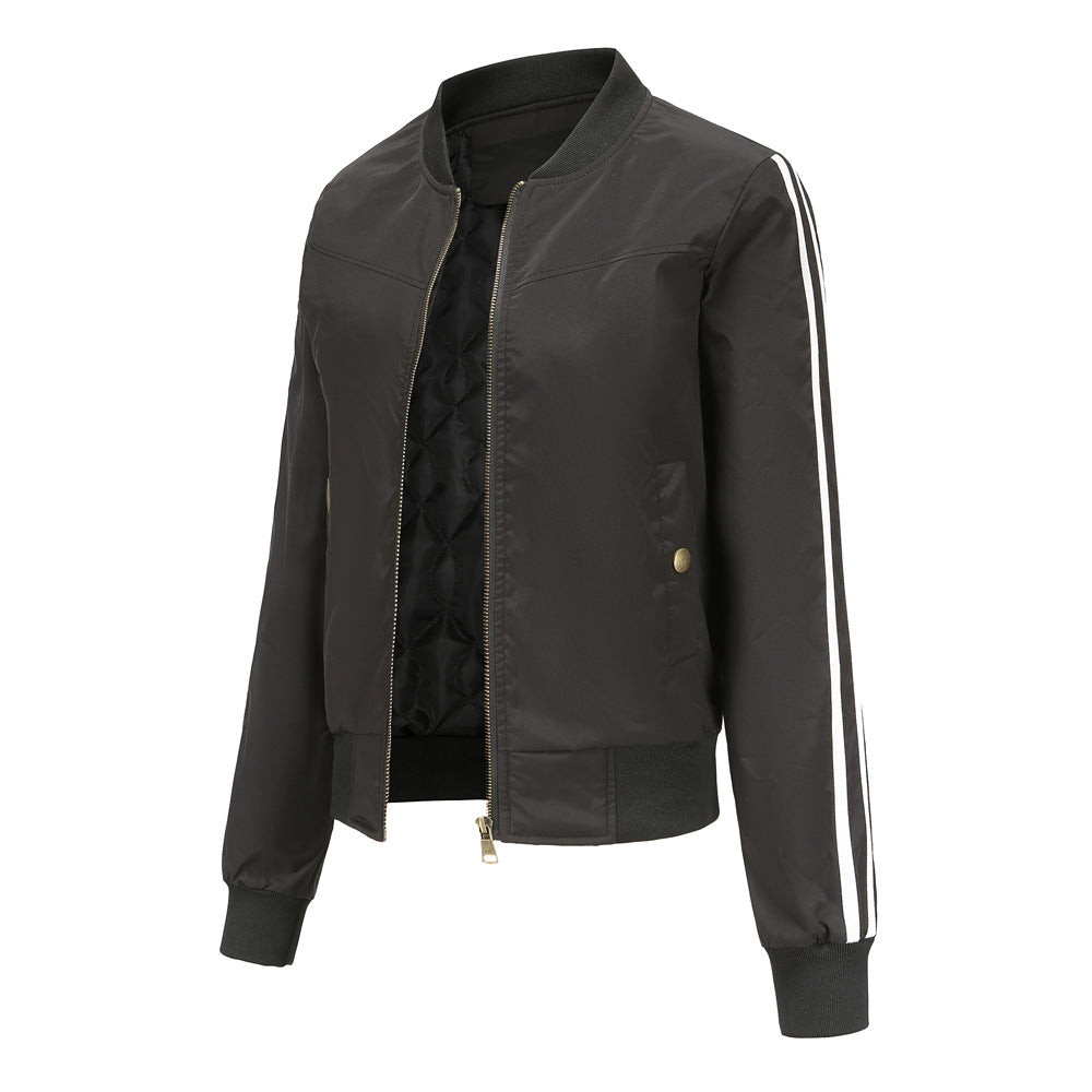 Women's casual bomber jacket with side contrast stripes, quilted inner lining and ribbed cuffs Mune Fashion
