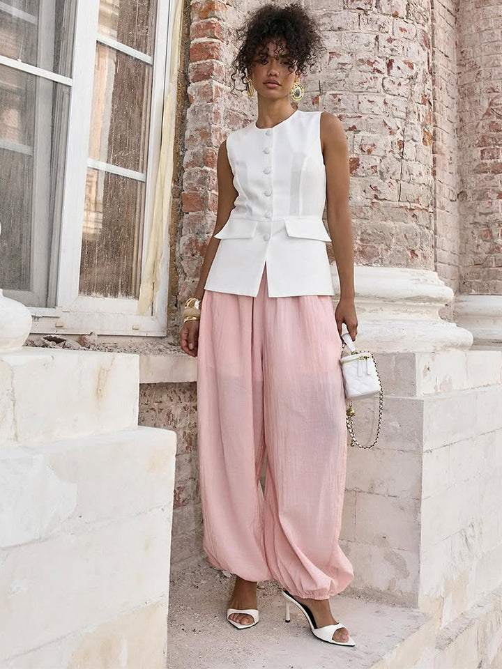 Women Lightweight Balloon Pants with Elastic Waistband, Drawstring & Ruched Ankle Cuff Mune Fashion