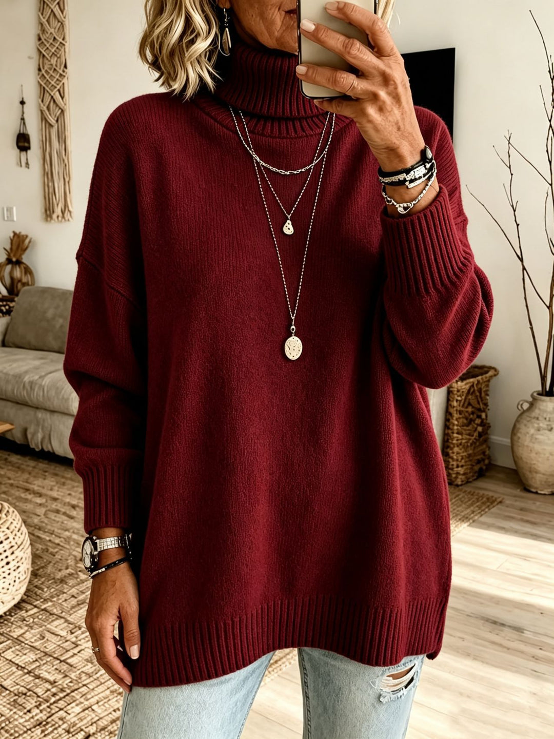 Women's Oversize Rollneck Sweater made of fine knit with ribbed cuffs and dropped shoulders Mune Fashion