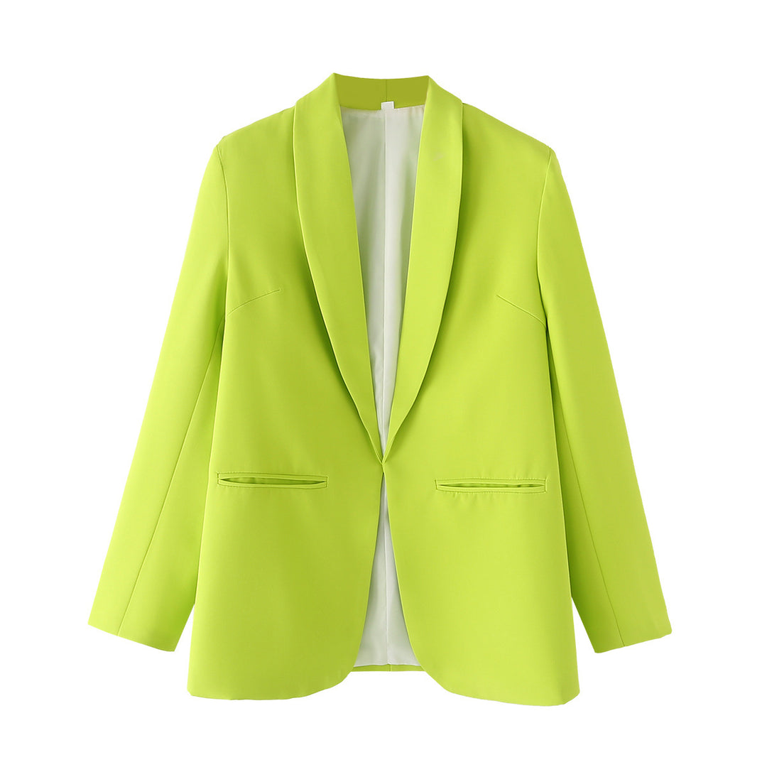 Ladies long blazer with shawl collar, unstructured fall and piped welt pockets Mune Fashion