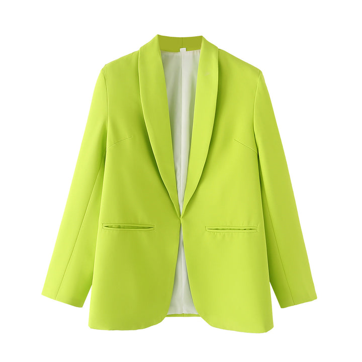 Ladies long blazer with shawl collar, unstructured fall and piped welt pockets Mune Fashion