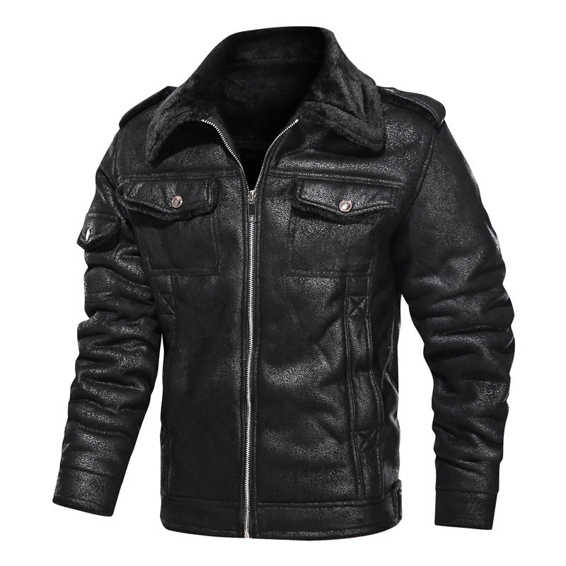 Men's Fleece-Lined Lambskin Imitation Biker Jacket with Stand-Up Collar and Flap Pockets Mune Fashion