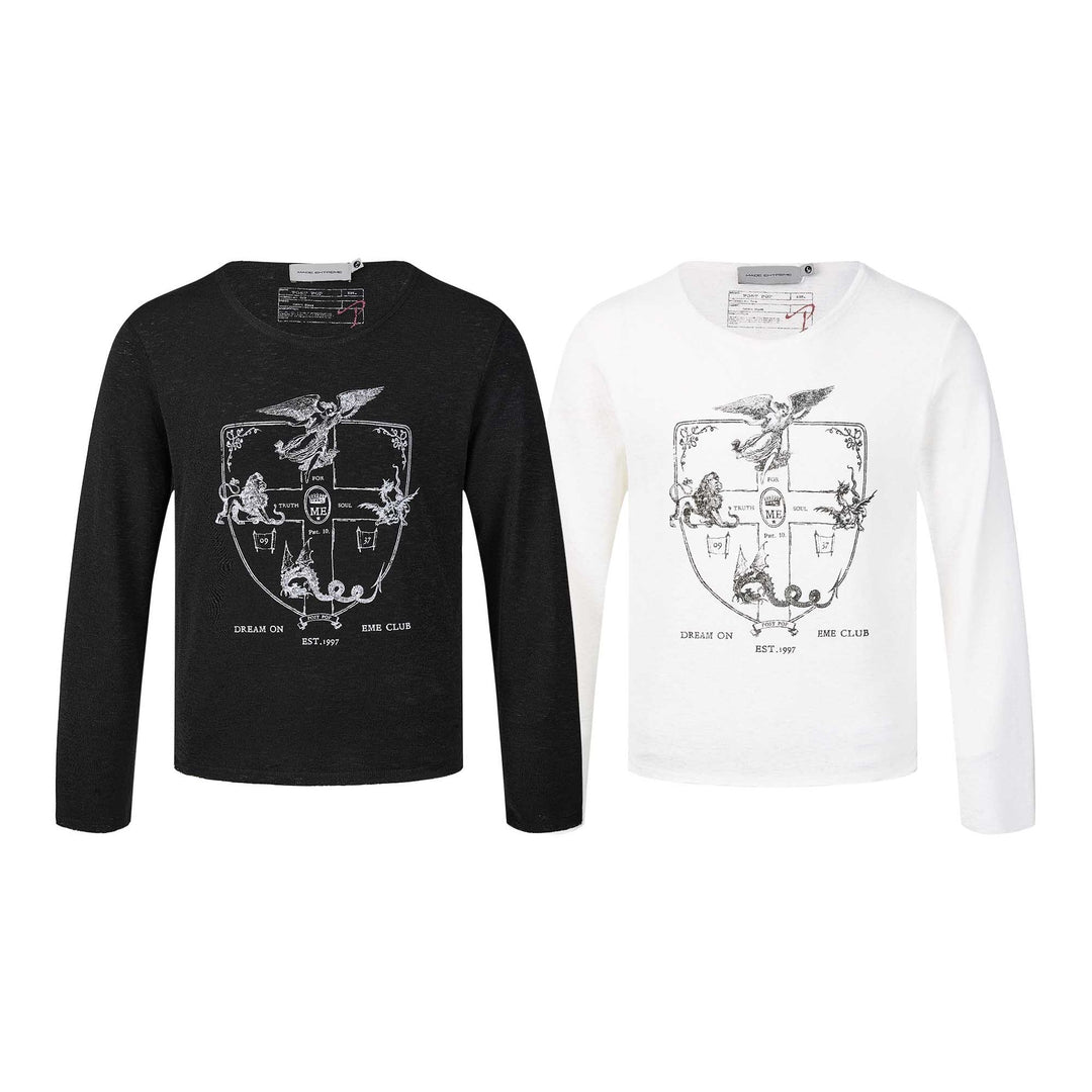 Unisex Long Sleeve Fine Knit Shirt with Crest Print Mune Fashion