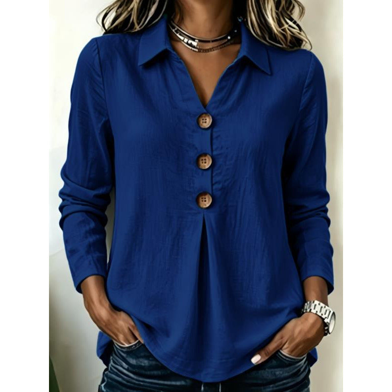 Women's long sleeve blouse with wooden button placket and front pleat Mune Fashion
