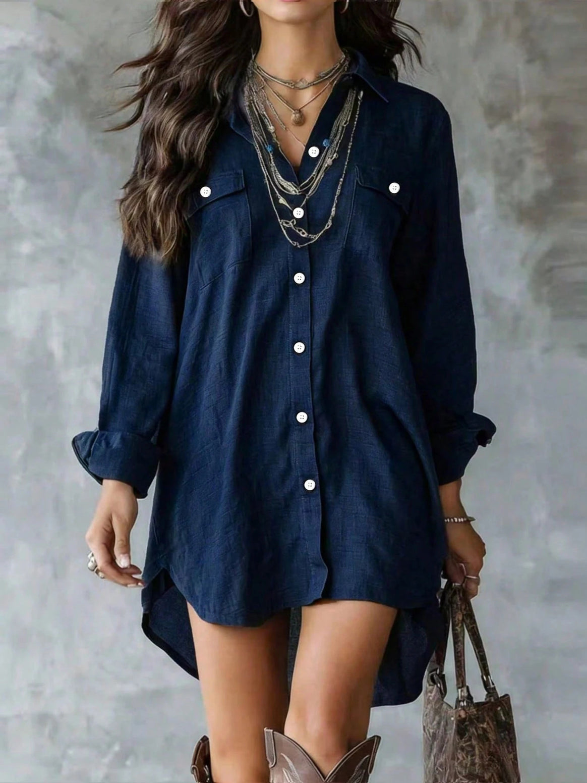 Women Loose Longline Shirt with Chest Pockets and High Hem Mune Fashion