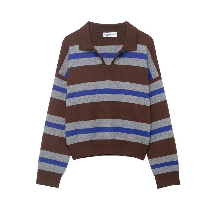 Women Striped Rugby Polo Sweater with V-Notch and Cropped Hem Mune Fashion