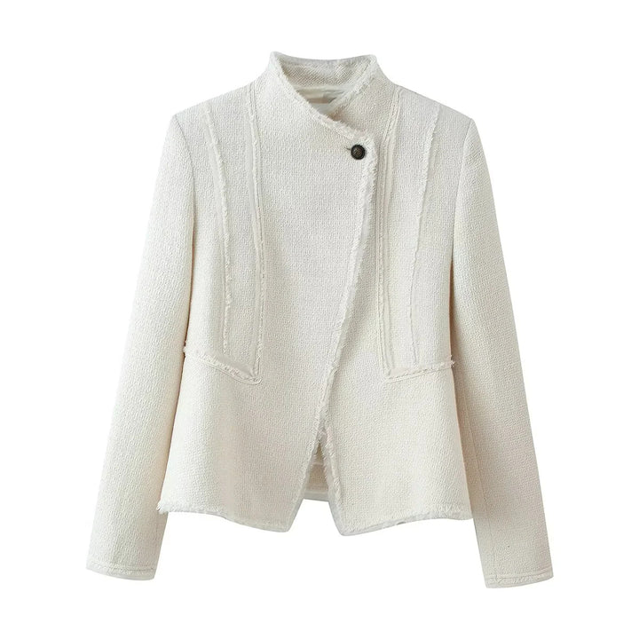 Ladies tailored bouclé jacket with stand-up collar, decorative strap, and subtle fringes Mune Fashion