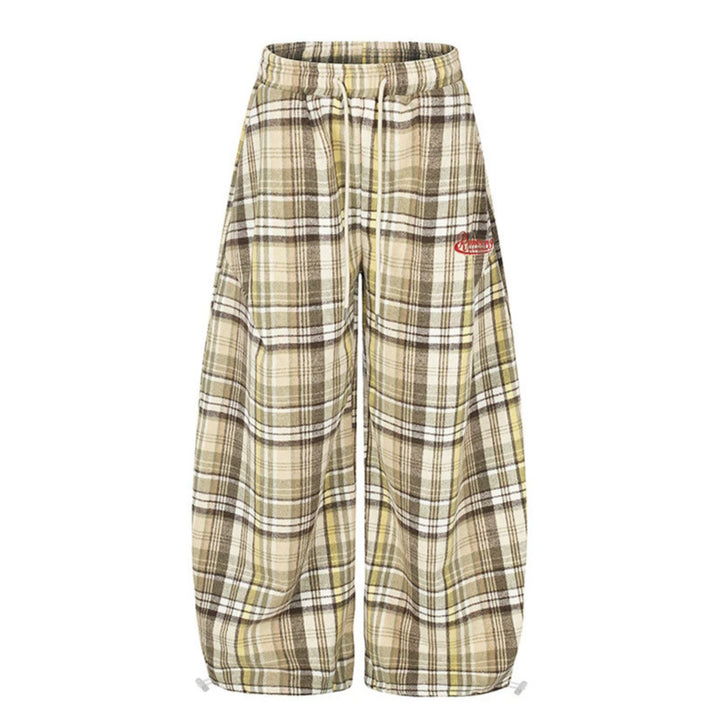 Women's Wide Check Palazzo Lounge Pants with High Comfort Waistband and Hem Drawstring