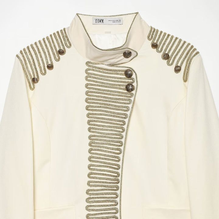 Women's Military Style Short Blazer with Decorative Trim and Stand-Up Collar Mune Fashion