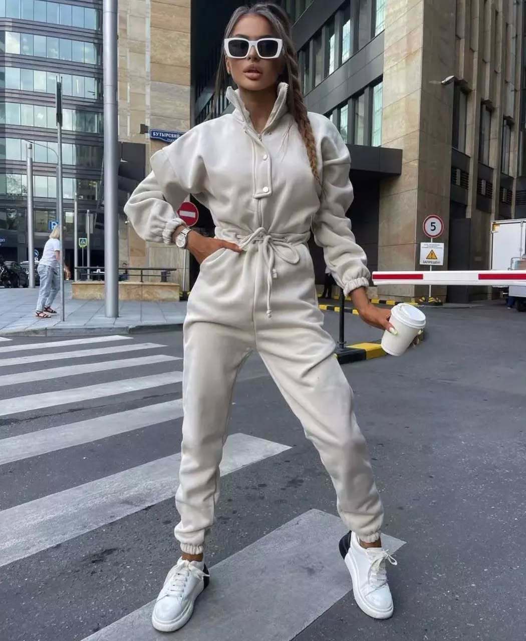 Women's fitted velour jumpsuit with drawstring stand-up collar and elastic cuffs Mune Fashion