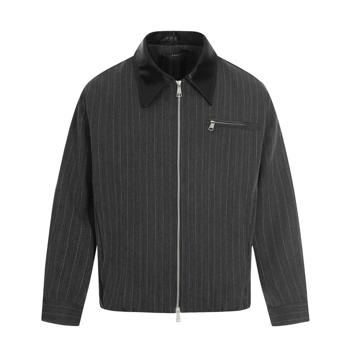 Men's Short Boxy Blouson Jacket in Linen Look with Leather Collar Mune Fashion