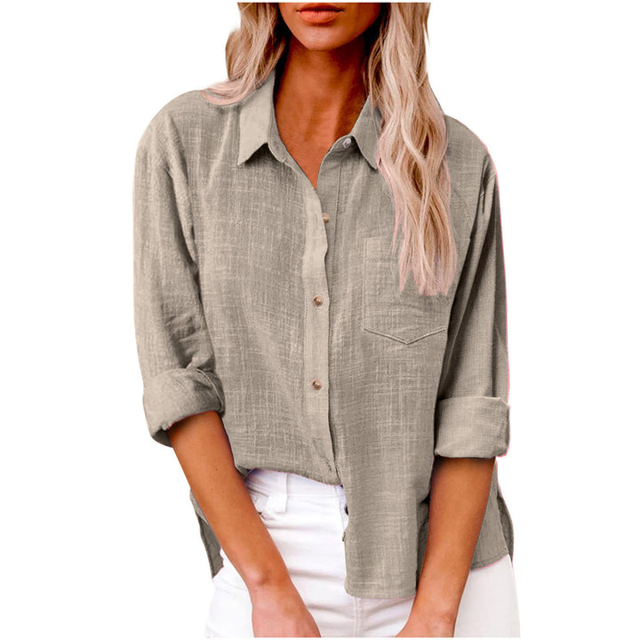 Women's oversized linen-cotton blend shirt blouse with breast pocket and roll-up sleeves Mune Fashion