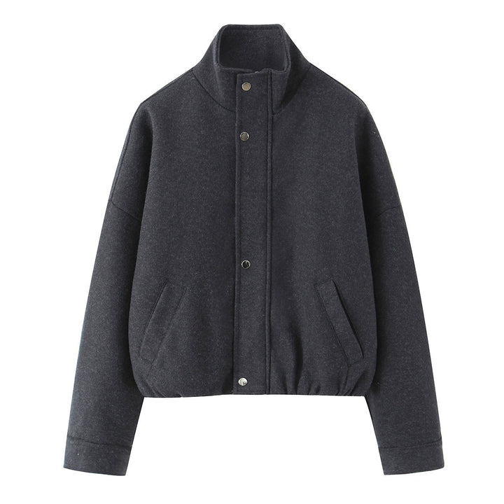 Women's short-cut wool blouson jacket with stand-up collar, snap button placket, and elastic hem Mune Fashion
