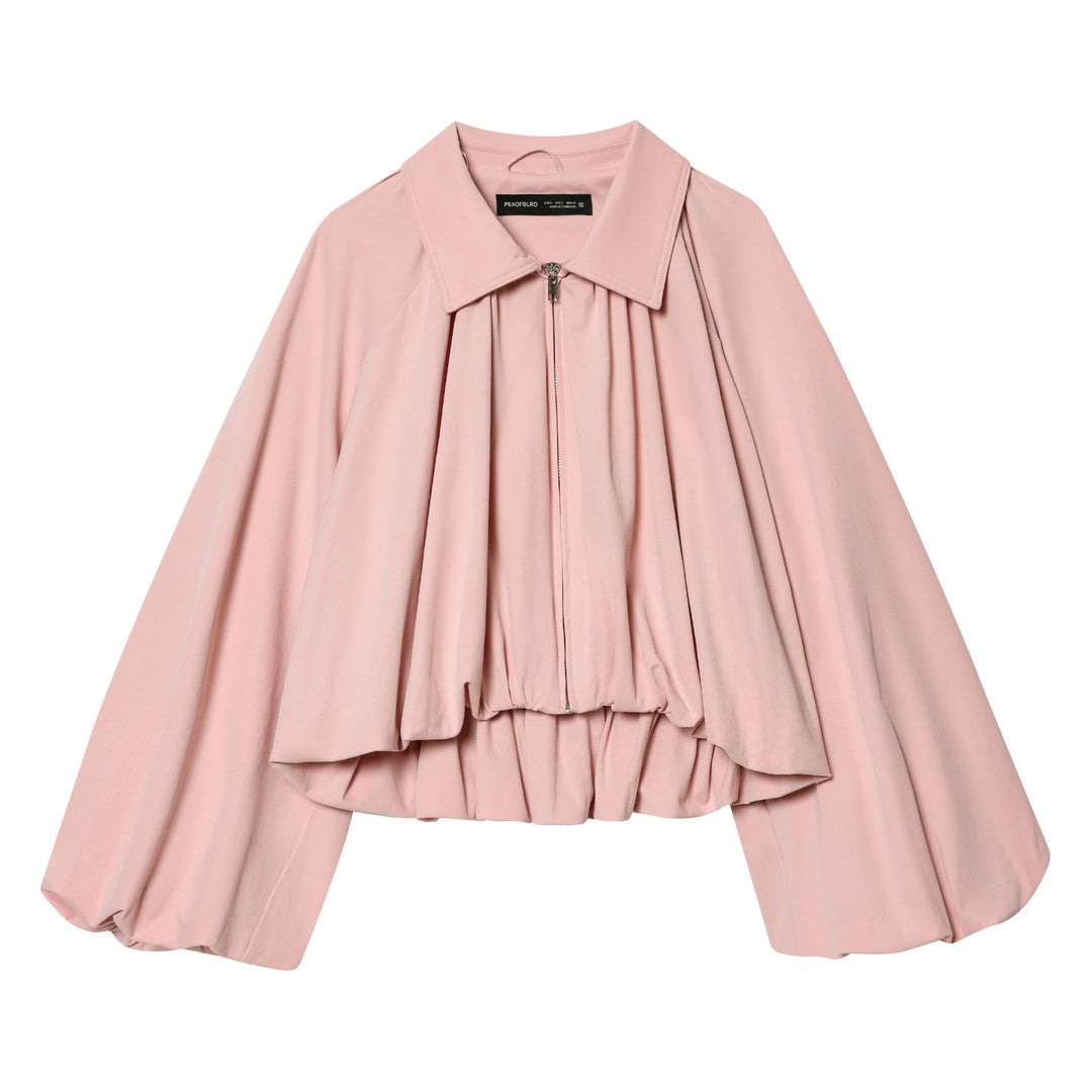 Ladies' oversized pleated cape jacket with collar, zipper, and elastic hem Mune Fashion