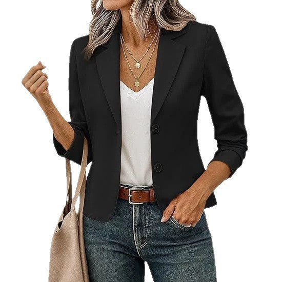 Ladies tailored short blazer with decorative buttons and three-quarter sleeves Mune Fashion