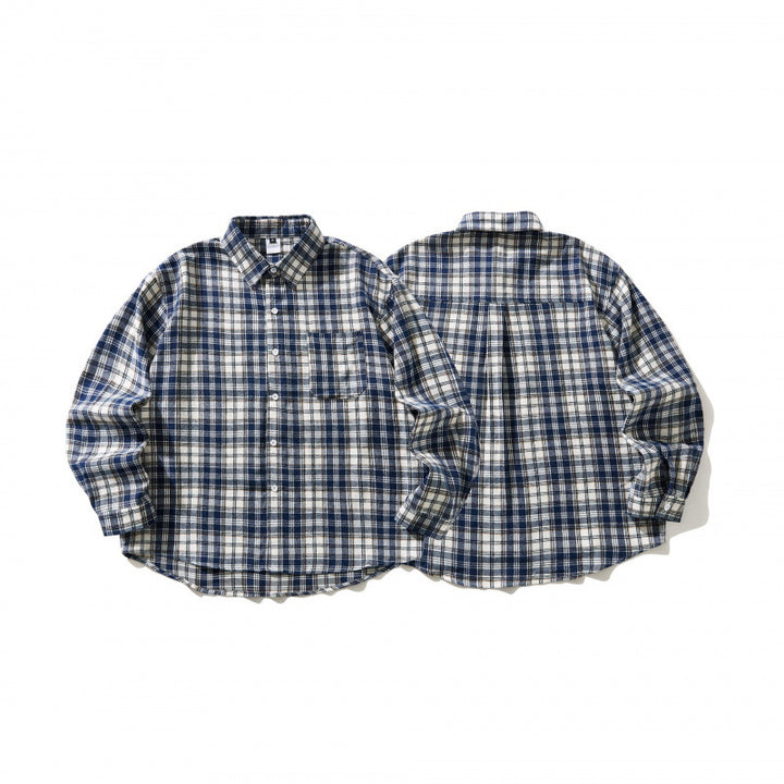 Unisex Oversized checked Flannel shirt jacket with chest pocket and rounded hem Mune Fashion