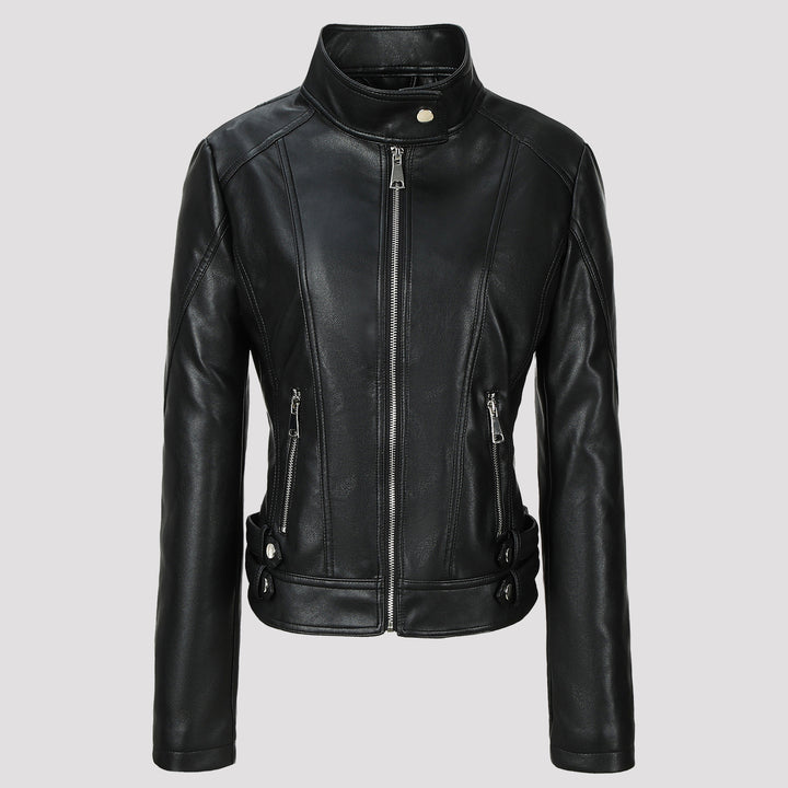 Women Fashionable Faux Leather Jacket with Stand-up Collar Mune Fashion