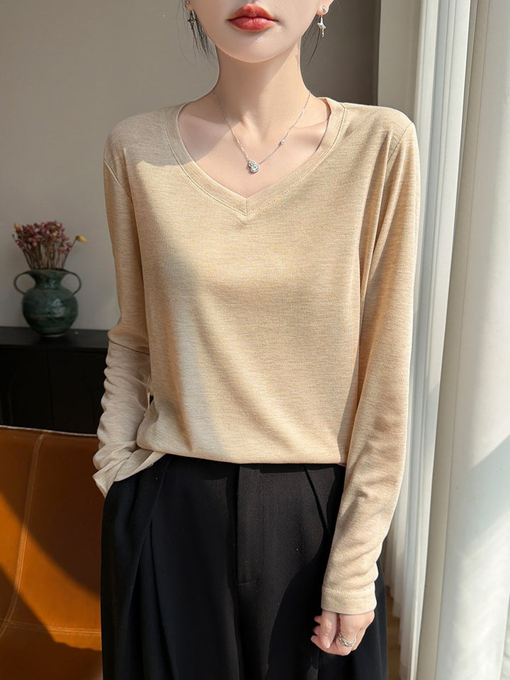 Ladies Lightweight V-Neck Fine Knit Long Sleeve Mune Fashion