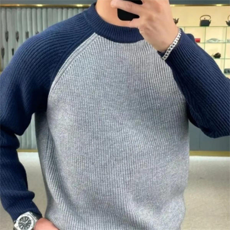 Men's Ribbed Raglan Sweater with Contrast Sleeves and Short Stand-Up Collar Mune Fashion