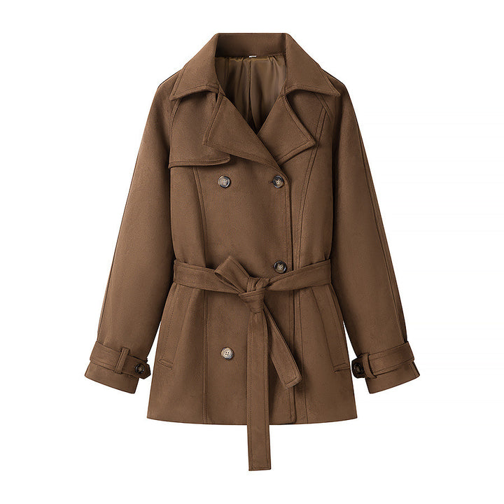 Women's Short Trench Coat in Wool Look Double Breasted with Waist Belt Mune Fashion