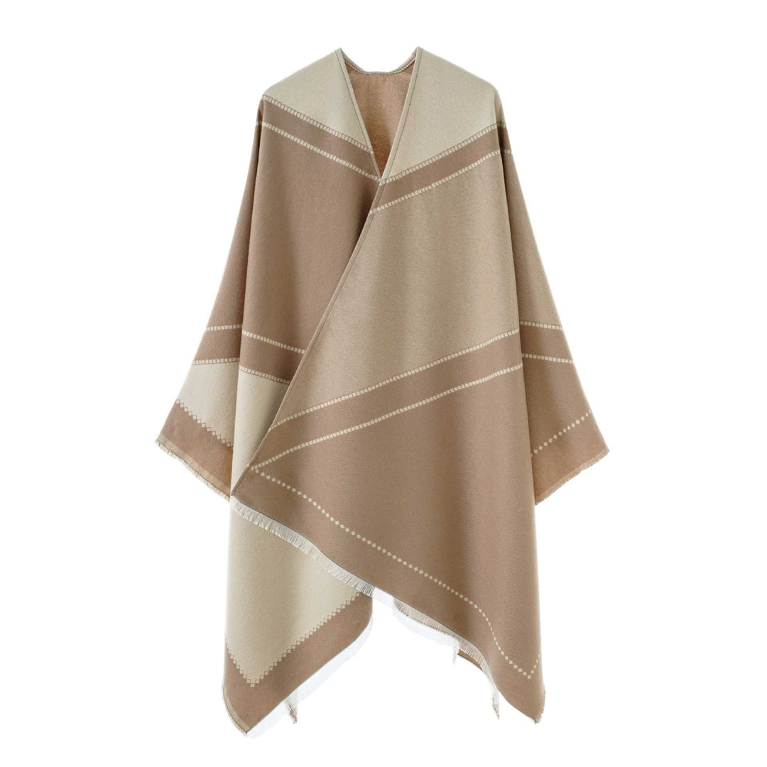 Women Reversible Knitted Cape-Poncho with Fringes and Contrasting Stripes Mune Fashion